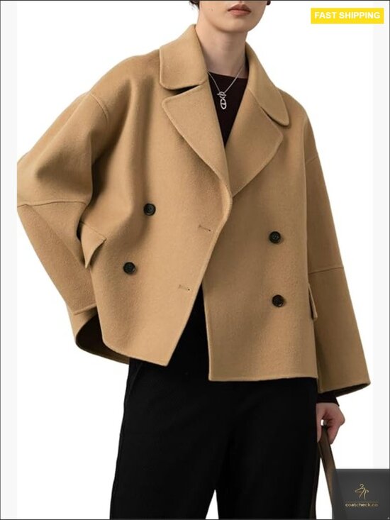 Jackets & Blazers - Cropped Wool Pea Coat Double Breasted Notched Lapel Chic Oversized Blazer Style
